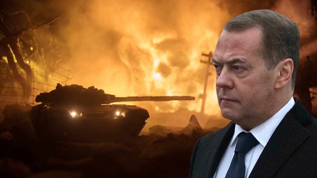 Medvedev: „Germania merită un atac direct”. În imagine, Dmitri Medvedev pe fondul unei scene de război