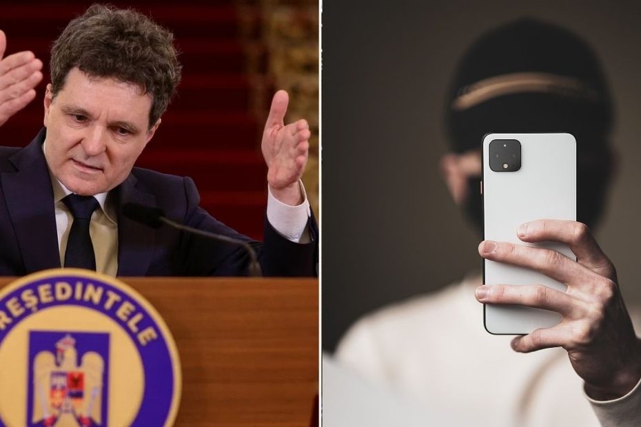 România lansează RO Wallet. Imagine cu președintele României, Nicușor Dan, și un bărbat priivind telefonul celular