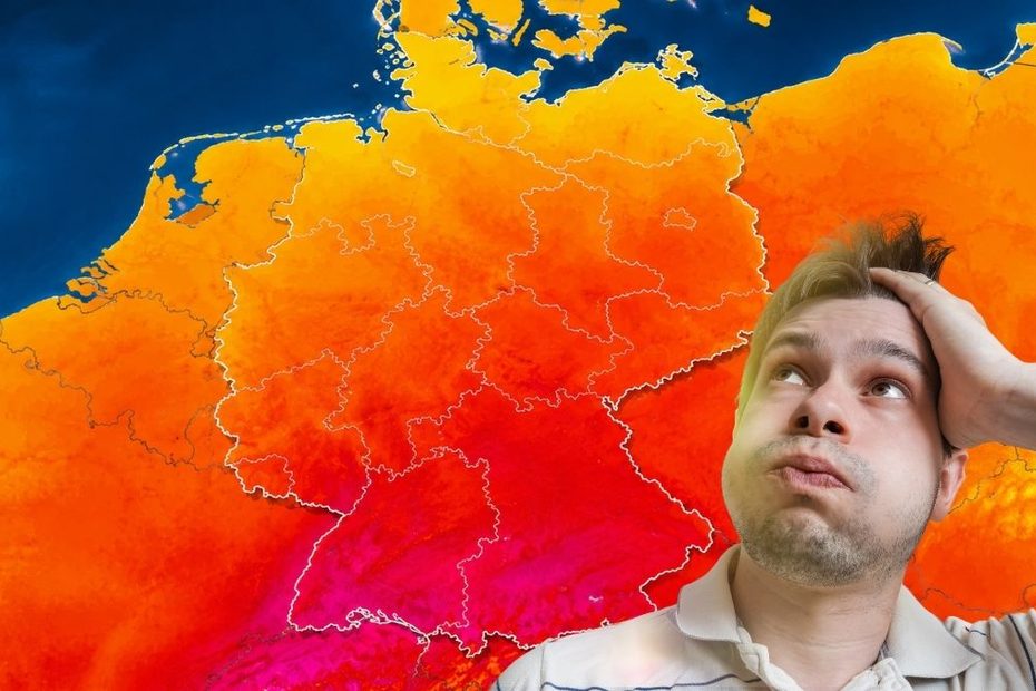 Germania: Se anunță un val de căldură. Imagine ilustrativă cu o persoană care suferă de cald, pe fondul unei hărți meteo a Germaniei