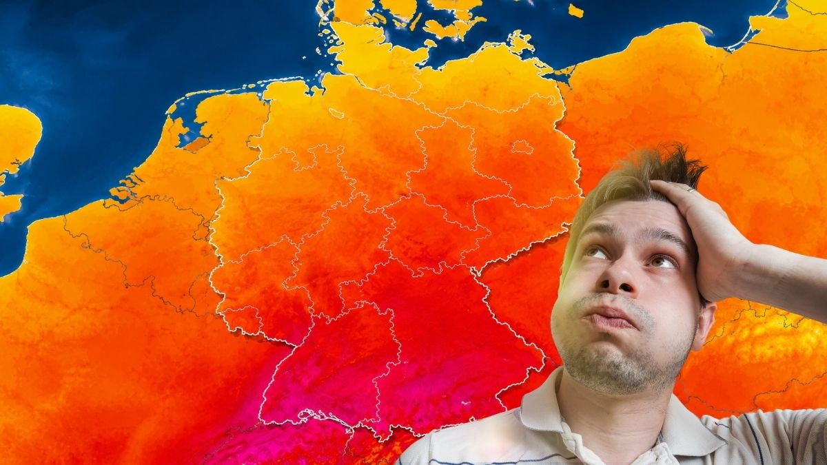 Germania: Se anunță un val de căldură. Imagine ilustrativă cu o persoană care suferă de cald, pe fondul unei hărți meteo a Germaniei
