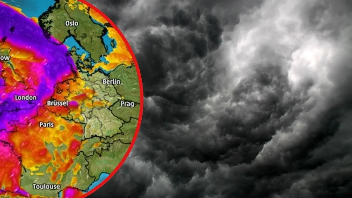 Colaj cu o hartă meteorologică a Europei și nori întunecați de furtună, imagine ilustrativă pentru ciclonul din Germania