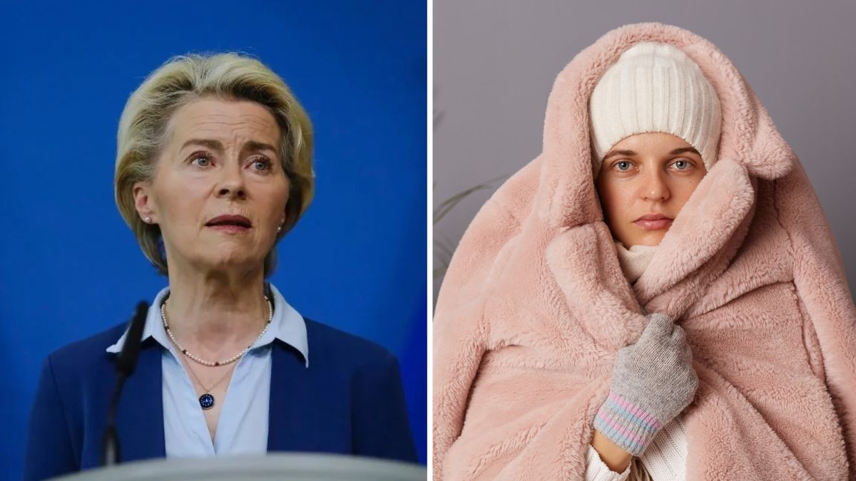 Colaj cu Ursula von der Leyen și o femeie învelită într-o pătură, imagine ilustrativă pentru sărăcia energetică