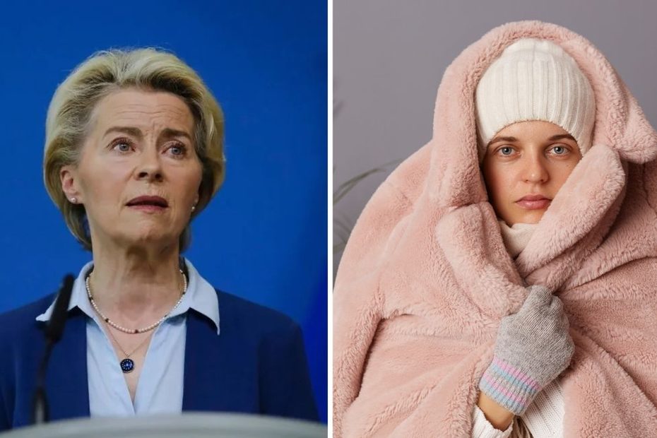 Colaj cu Ursula von der Leyen și o femeie învelită într-o pătură, imagine ilustrativă pentru sărăcia energetică