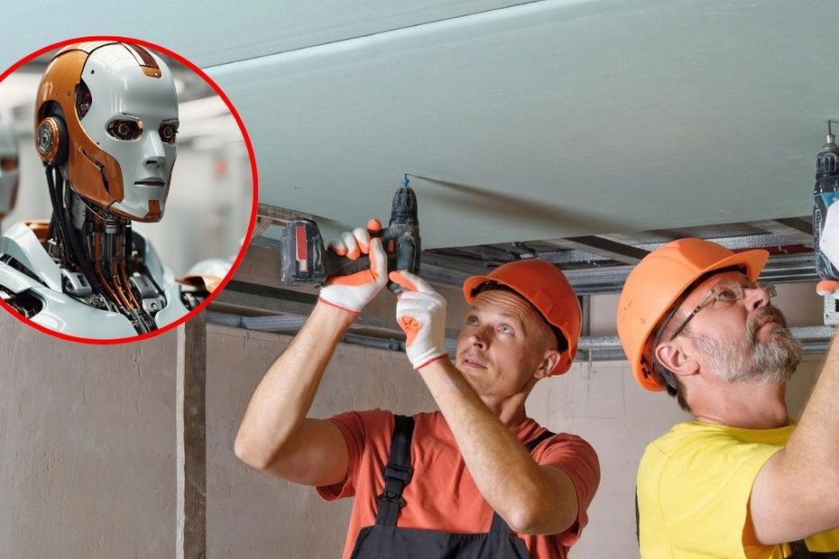 Doi muncitori pe un șantier de construcții, folosind bormașini, alături de imaginea unui robot umanoid, ilustrație despre automatizarea construcțiilor în Germania.