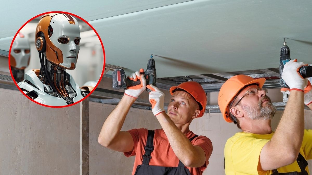 Doi muncitori pe un șantier de construcții, folosind bormașini, alături de imaginea unui robot umanoid, ilustrație despre automatizarea construcțiilor în Germania.