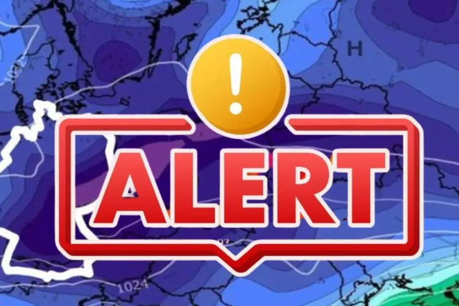 Hartă meteorologică a Europei cu Germania conturată și mesajul „ALERT”