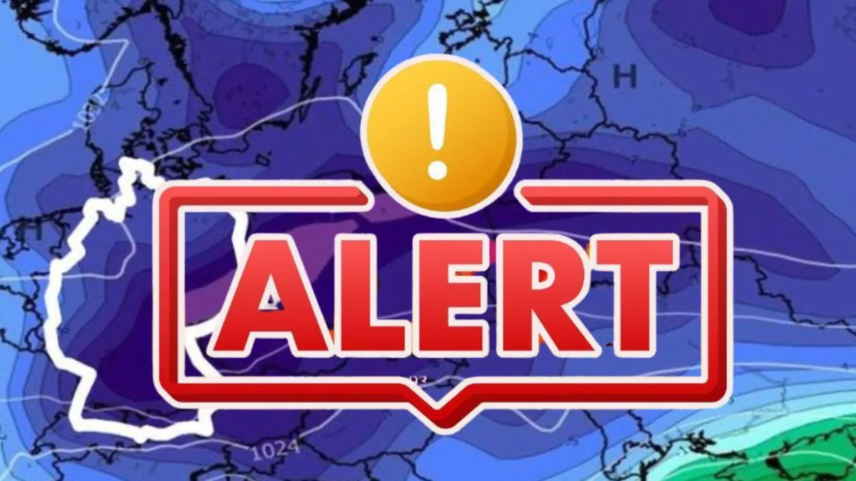 Hartă meteorologică a Europei cu Germania conturată și mesajul „ALERT”