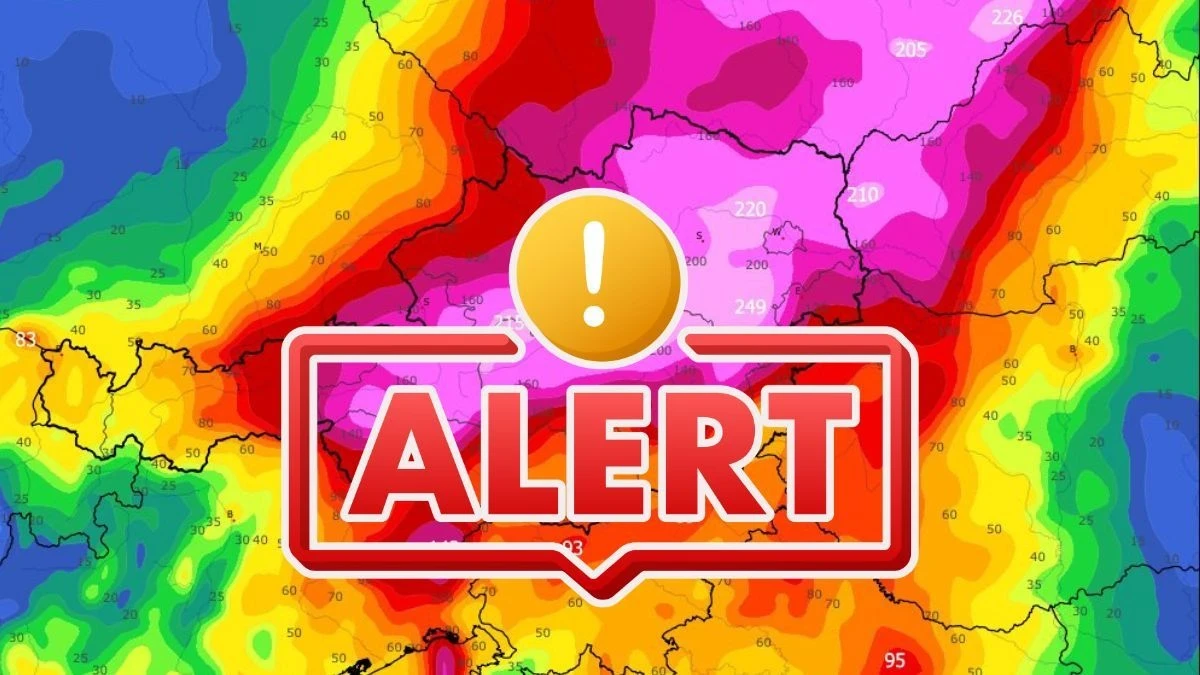 Grafică ALERT pe o hartă meteorologică multicoloră a Europei