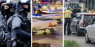 Germania a suspendat acordul Schengen, măsuri extraordinare la graniță - Set de trei imagini prezentând pe rând: un grup de polițiști din forțele speciale, avioane staționate pe pista aeroportului, o coadă de mașini la granița cu Germania așteptând controlul
