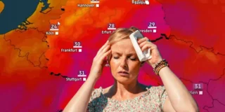 Val de căldură lovește Germania. Foto: Femeie își șterge transpirația pe fondul hărții meteo roșii a Germaniei