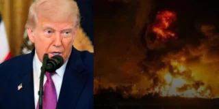 SUA au lovit din nou teritoriul iranian. În imagine, președintele Donald Trump și o explozie din Iran