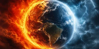 El Niño ne lovește cu forță maximă. Imagine ilustrativă cu un glob pământesc jumătate în flăcări, jumătate lovit de fulgere și furtuni